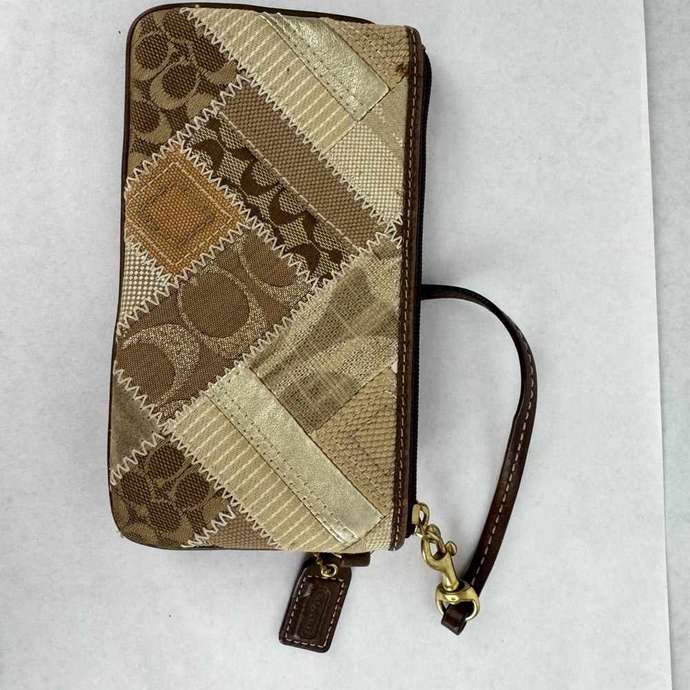 Coach Patchwork Signature C Wristlet Tan Brown Gold Metallic Boho Bag - Picture 3 of 5